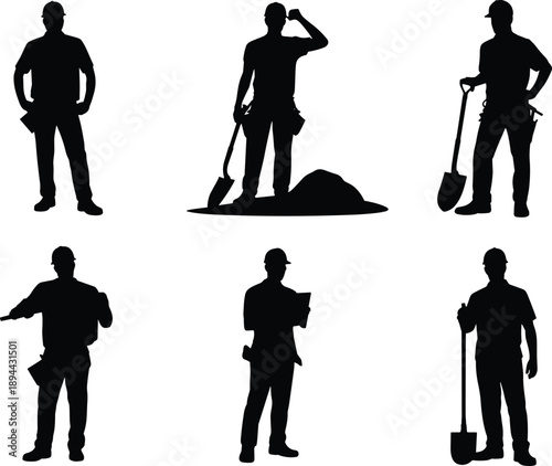 Construction worker silhouettes with shovel tools, manual labor and site work poses isolated on white background industrial workforce concept