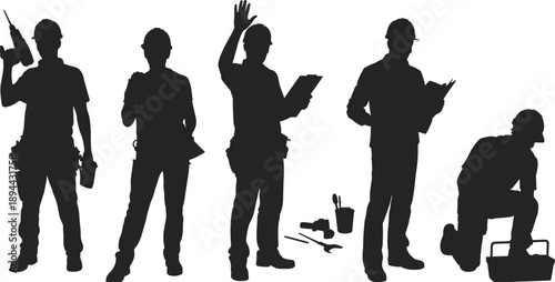 Construction worker silhouettes, professional tradespeople set, industrial labor poses, tools and clipboard, black figures, workforce safety illustration isolated