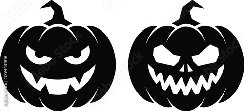 Black scary halloween pumpkin silhouettes with evil faces, spooky jack o lantern icons, horror theme vector illustration isolated