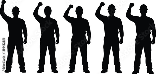 Construction worker silhouettes raising fist, laborers in hard hats showing strength power, industry workforce protest concept isolated black vector illustration
