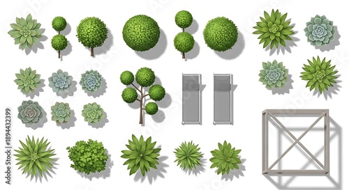 Top View Garden Elements: Assorted Plants, Loungers and Pergola Isolated on White