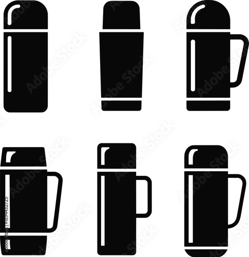Thermos bottle icons, black silhouette, insulated container, drinkware design, handle variations, lid styles, vector set, minimal style, isolated graphic, white background