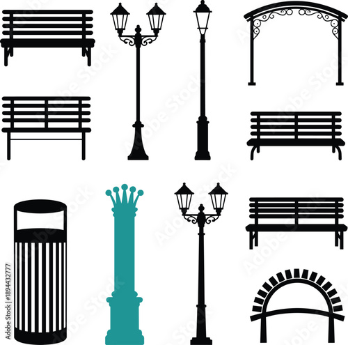 Urban street furniture icon set, park bench vector, street lamp illustration, trash bin silhouette, public space design, city elements