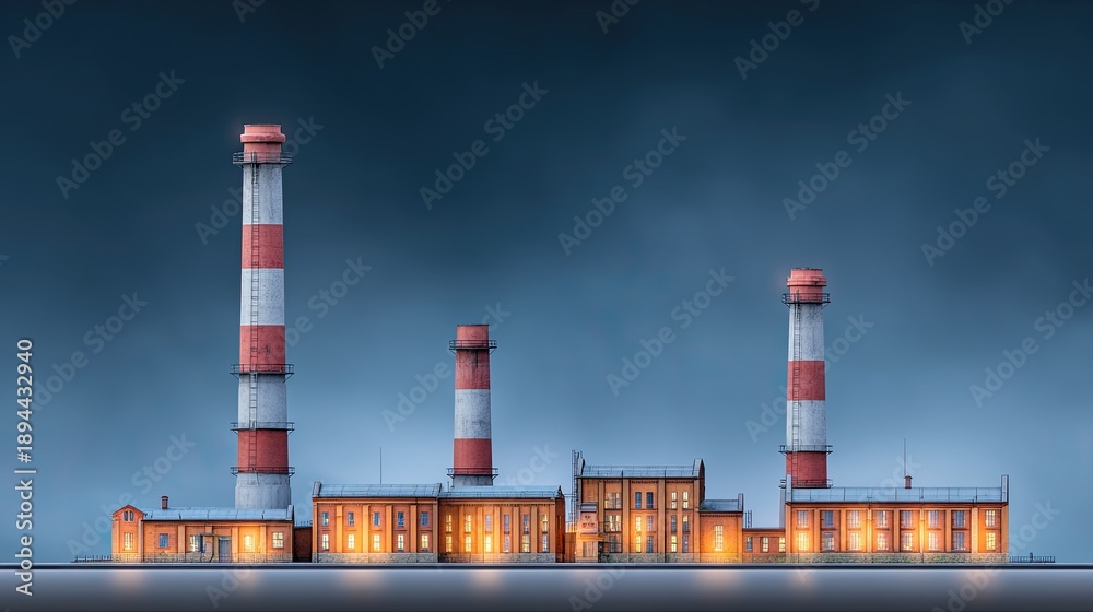 Obraz premium Industrial Power Plant with Red and White Smokestacks Illuminated Against Dark Blue Sky at Dusk