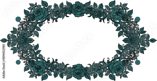 described features a floral oval frame that is rich in detail and color. Composed of dark green roses and intricate foliage, the design creates a lush and vibrant border that draws the viewer's attent