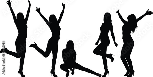 Dancing women silhouettes celebrating freedom, joyful female dance poses, energetic movement, modern choreography concept, black vector illustration isolated
