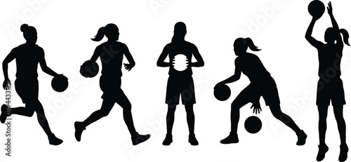 Female basketball player silhouettes set, women dribbling running passing shooting poses, sport training concept isolated vector illustration