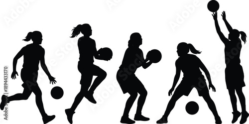 Female basketball silhouettes in different action poses, women players dribbling passing shooting, sport training vector isolated illustration