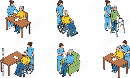 Caregivers assisting elderly individuals in daily activities, mobility, and support, highlighting compassion, healthcare, and senior care in community or home settings.