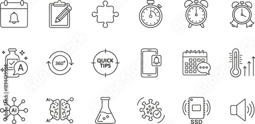 Outline productivity and technology icons set including AI calendar timer notification analytics mobile and system symbols