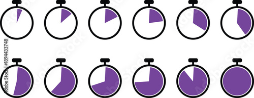 Stopwatch icons with purple and black outlines, representing different time measurements in a minimalist style for digital and print design. featuring timer, clock, countdown with UI element and user