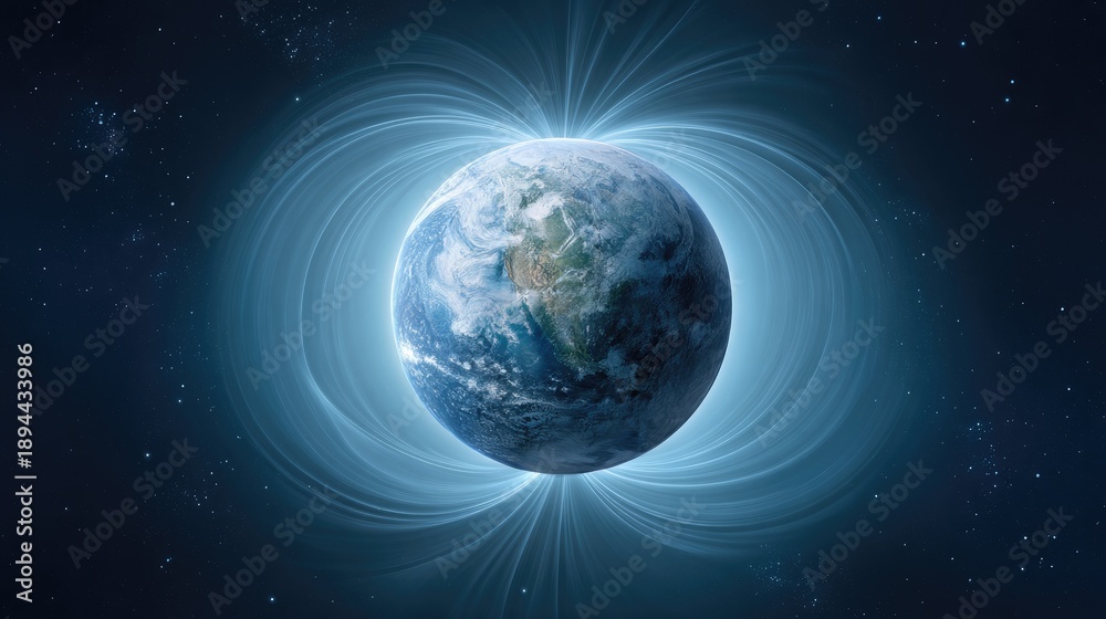 Obraz premium Stunning Illustration of Earth Surrounded by Magnetic Field and Cosmic Elements in Deep Space with Dynamic Light Effects and Starry Background