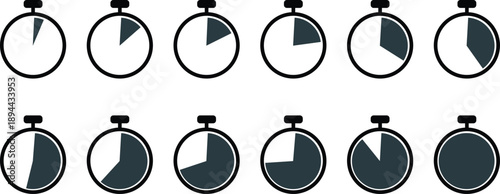 Stopwatch timers with black outline, white faces, and dark gray shaded segments indicating elapsed time in multiple positions, designed for timing and measurement purposes.