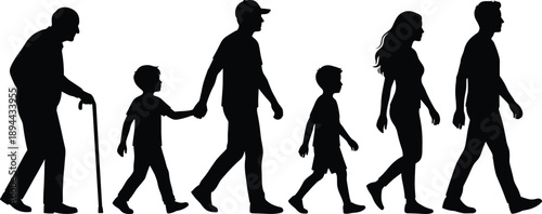 Human life cycle silhouettes walking from childhood to old age, family generations timeline concept isolated black vector illustration