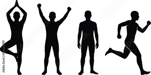 Male fitness silhouettes set in yoga and running poses, man exercising stretching training, healthy lifestyle sports concept isolated black vector illustration