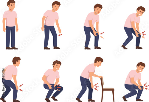 Knee pain stages illustration, man showing injury progression, joint problem concept, medical health education, flat vector design