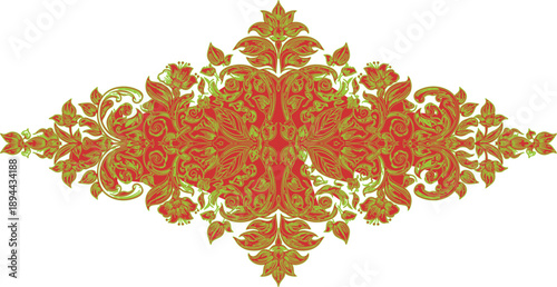 described features a symmetrical floral design characterized by rich shades of red and gold against a crisp white background. This color combination often conveys a sense of luxury and warmth, making 