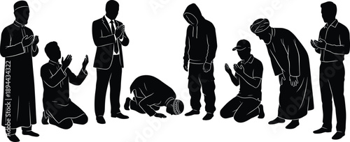 People silhouettes praying and worshiping, men and women in spiritual devotion poses, religious faith concept isolated black vector illustration