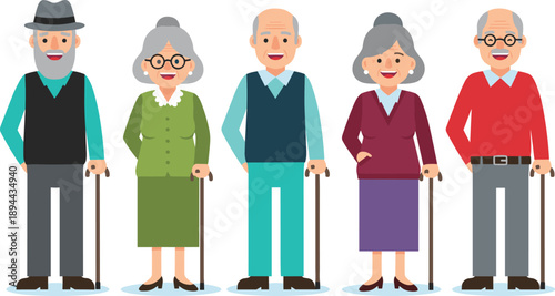Cartoon illustration of diverse elderly people with canes in colorful outfits, ideal for senior care, aging awareness, healthcare, or retirement visuals.