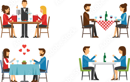 Cartoon illustration of couples dining in various romantic and social settings, ideal for restaurant, date night, hospitality, or lifestyle-themed visuals.