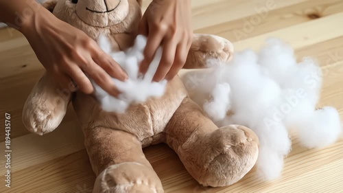 Woman Hands Stuffing Soft Plush Teddy Bear with White Fiberfill on Wooden Table