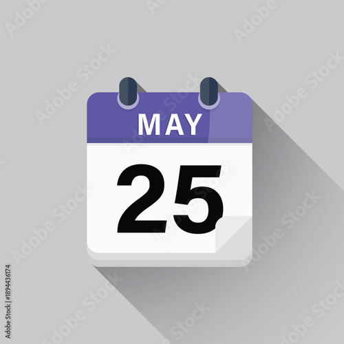 Flat design vector icon for May twenty fifth calendar day with long shadow on grey background
