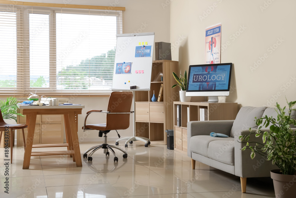Fototapeta premium Interior of urologist's office with workplace, shelf units and sofa