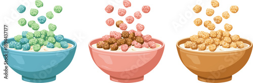 Cereal with milk in three bowls, a colorful cartoon-style vector illustration on a white background.