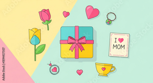 Mother's day gift ideas with flowers hearts and tea cup on colorful background