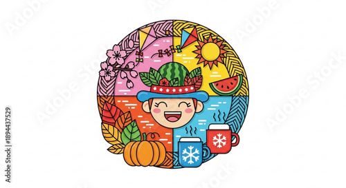 Cartoon character in seasonal circle with pumpkin mug and hat symbolizing changing seasons and holidays