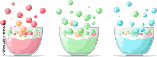 cereal balls falling into three bowls of milk, vector illustration on a white background, in a cartoon style