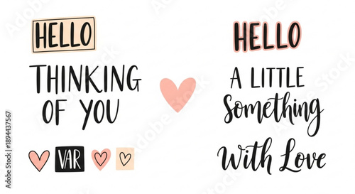 Greeting card phrases with hearts and hello messages