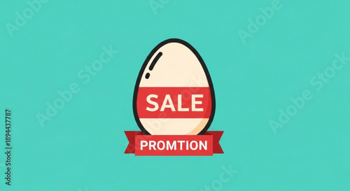 Sale promotion egg icon with red banner on teal background