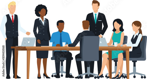 Cartoon-style business meeting illustration showing diverse professionals collaborating around a conference table in a modern corporate office environment