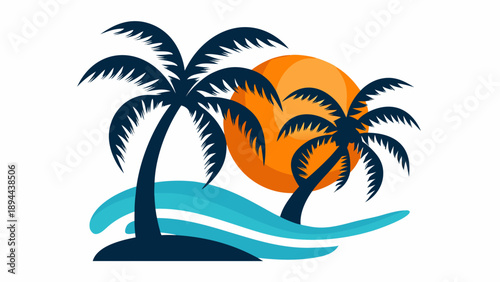 Tropical island getaway with swaying palm trees at sunset