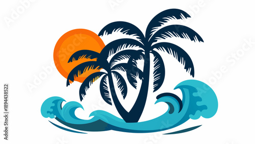 Tropical paradise with swaying palm trees and ocean waves at sunset