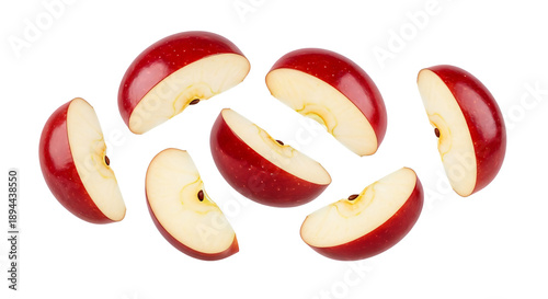 Fresh red apple slices scattered and falling on a transparent background, representing healthy eating and fruit ingredients isolated on transparent background