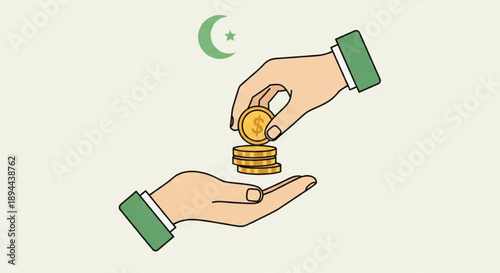 Hands exchanging coins with crescent moon symbol representing charity or financial aid
