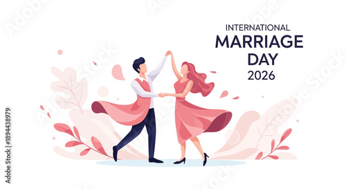 Cartoon illustration of a dancing couple celebrating International Marriage Day 2026 with symbols and icons of love and marriage elements on a white background with pink floral decorations.