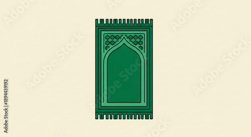 Green islamic prayer mat with intricate design on beige background