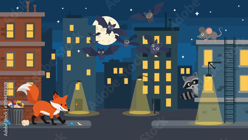 Cartoon Fox and Raccoon at Night.