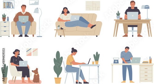 Cartoon illustrations of people working from home in various cozy setups with laptops, showcasing remote work, productivity, and modern lifestyle diversity