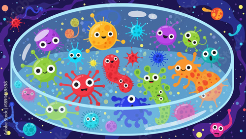 Colorful Microbes in Petri Dish Illustration.