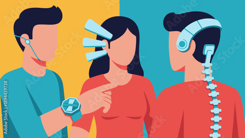 Man and woman with futuristic devices on body.