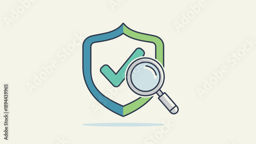 Cyber security check icon with magnifying glass and shield.