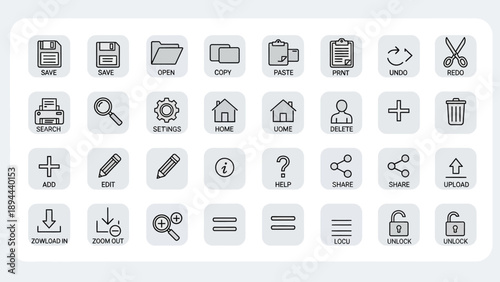 Collection of common user interface icons for software and web applications.