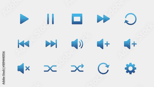 Media player controls, audio symbols, and navigation icons on a light background.