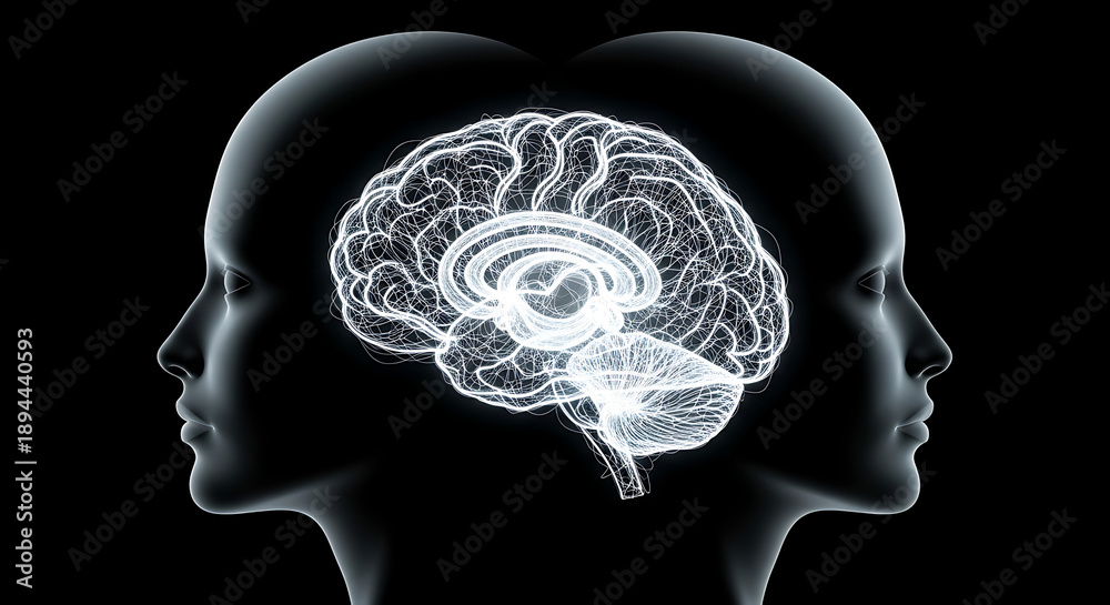Obraz premium Illustration of Human Brain Connection, Two Profiles, Mental Link, Neurology Concept. Isolated on transparent background