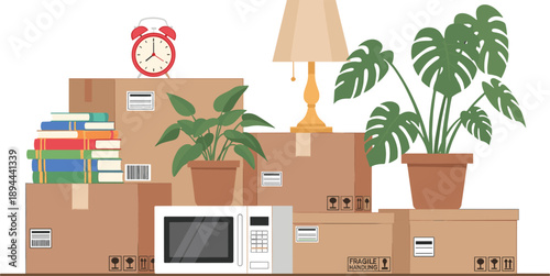 Cartoon-style illustration of moving boxes with household items like books, plants, and appliances, ideal for relocation, packing, and home organization themes.
