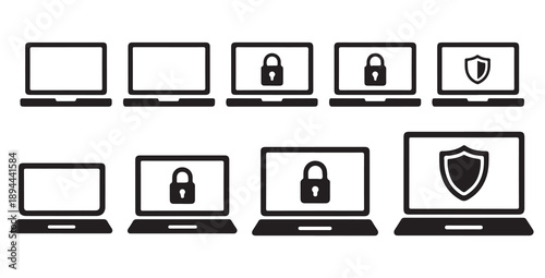 Laptop security and privacy icons with locks and shields on screens